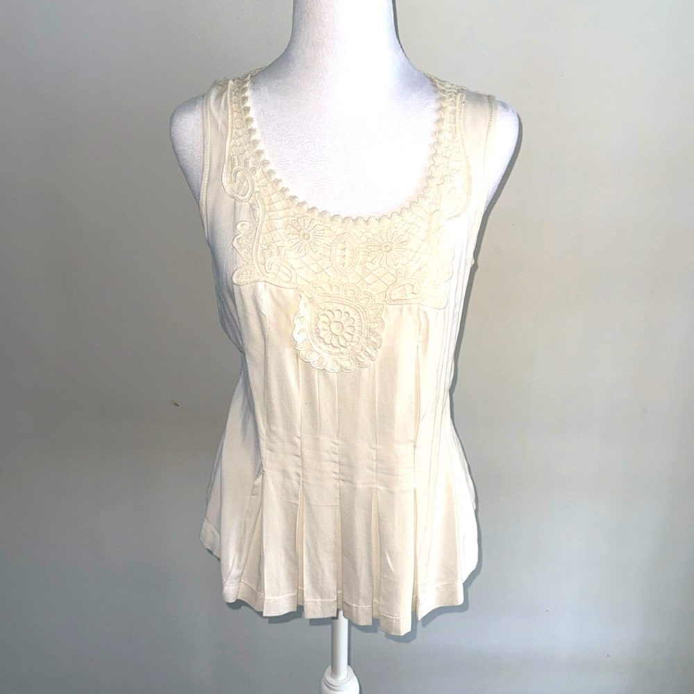 Max Studio Cream Embellished Pleated Tank Top